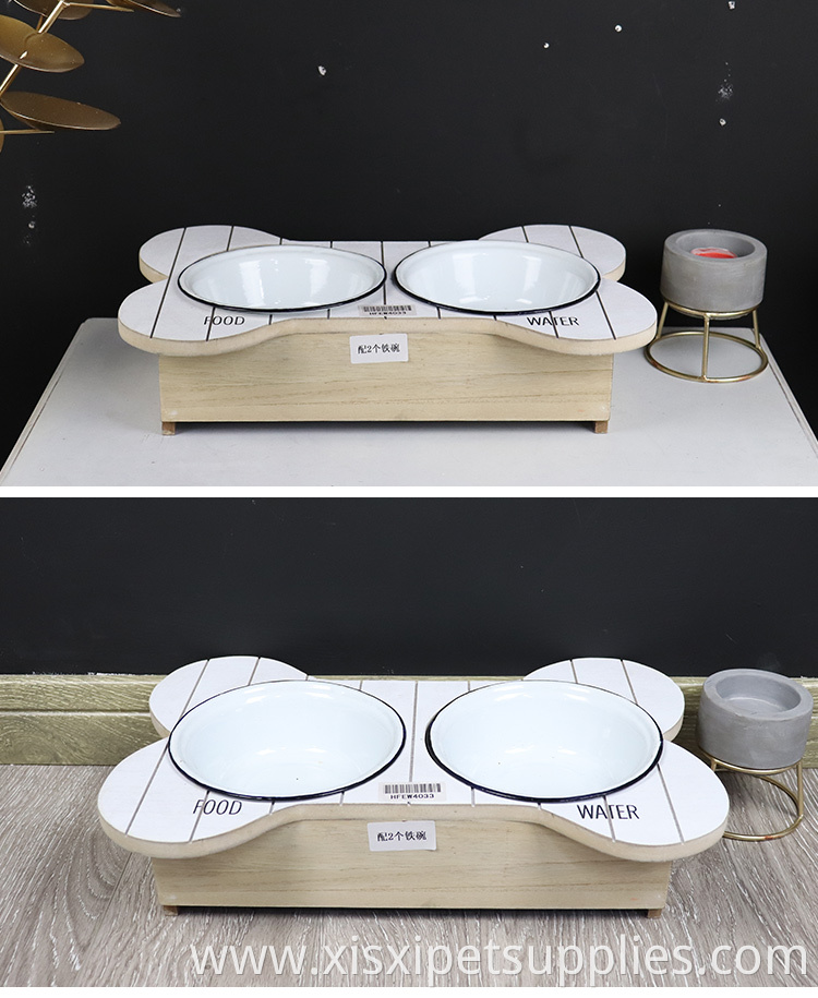 Pet Feeding Bowl with Wood Holder Metal Dog Bowl